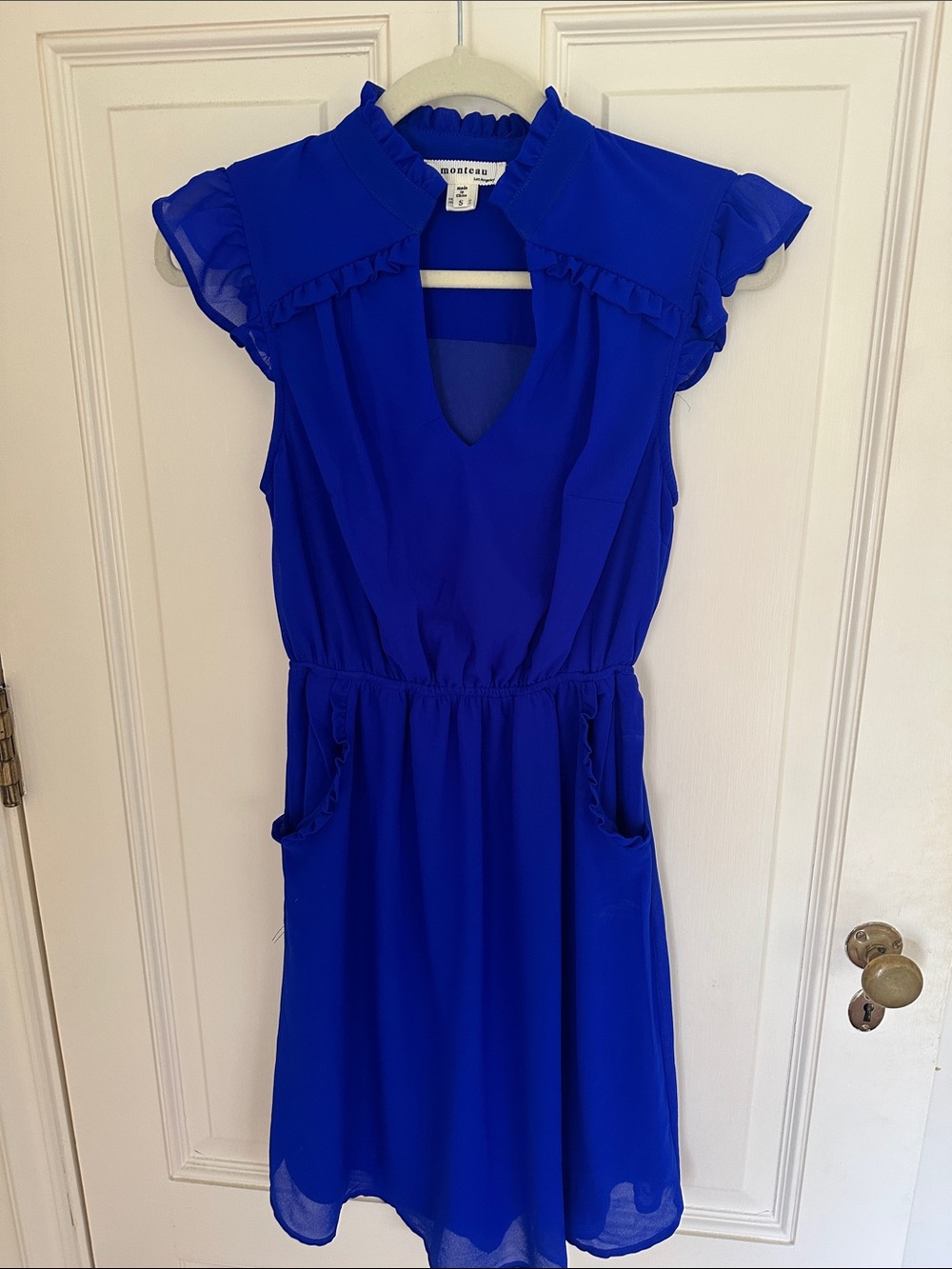 Monteau Cobalt Blue Ruffle Sleeve Keyhole Dress